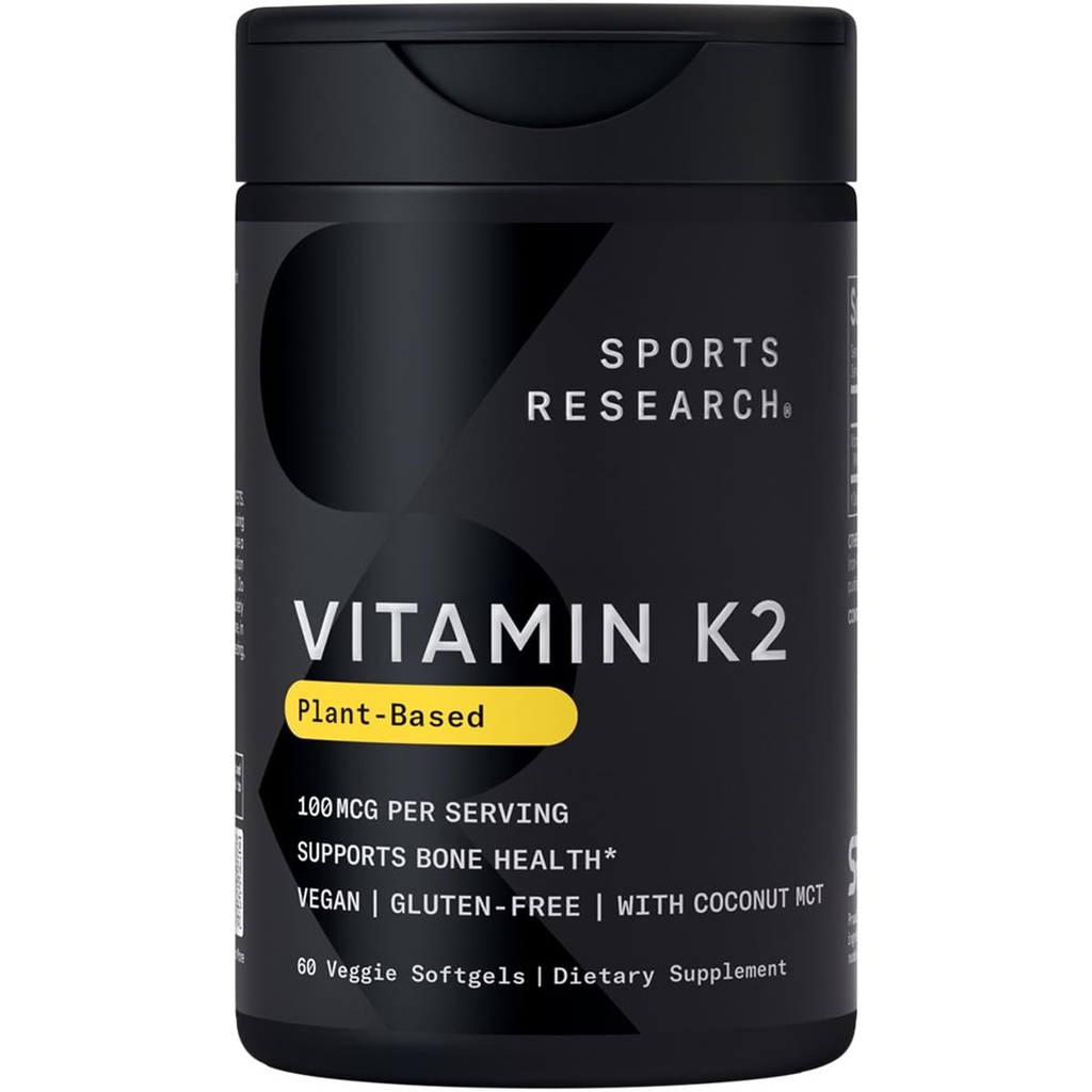 Ricerca sportiva® Vitamin K2 come MK-7 100mcg con olio di cocco MCT - 60 Veggie Softgels (2 mesi di fornitura) Vegan Certificato, Non OGM Verificato, Gluten & Soy Free