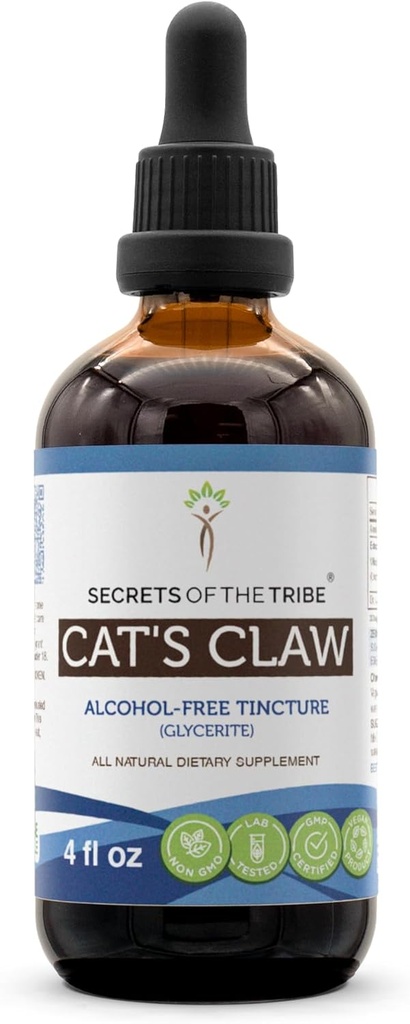 Segreti della Tribe Cat's Claw Tincture Alcohol-Free Liquid Extract, Wildcrafted Cat's Claw (Uncaria Tomentosa) Dried Inner Bark (4 FL OZ)