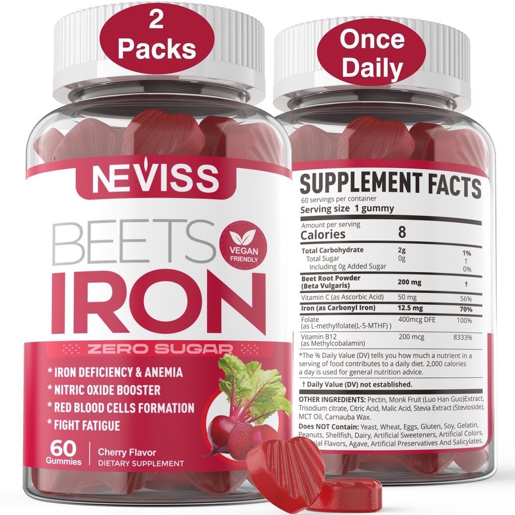 Gummie di radice di barbabietola con ferro, Methyl B12, Folate, Vitamina C - Aumentare i livelli di ossido nitrico e ferro, Supporto energetico, Fatica di lotta, Beetroot & Gentle Iron Supplement, Sugar Free, 120 Count