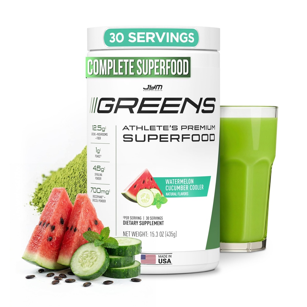 JYM Greens Super Food Powder for Performance, Watermelon Cucumber, Spirulina, Funghi, Vitamine, BroccoPhane & Broccoli, Uomini e donne, 30 Serve