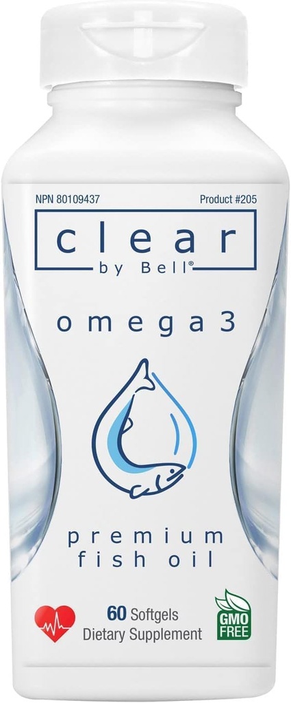 Bell Clear Pure Omega 3 Fish Oil Supplements, 2000 mg per Serving - Burp Free Premium, Clean and Clear, No Fishy Taste and No Ripete (burps), Colesterolo Libero, OGM e Allergeni Libero, 60 Softgels