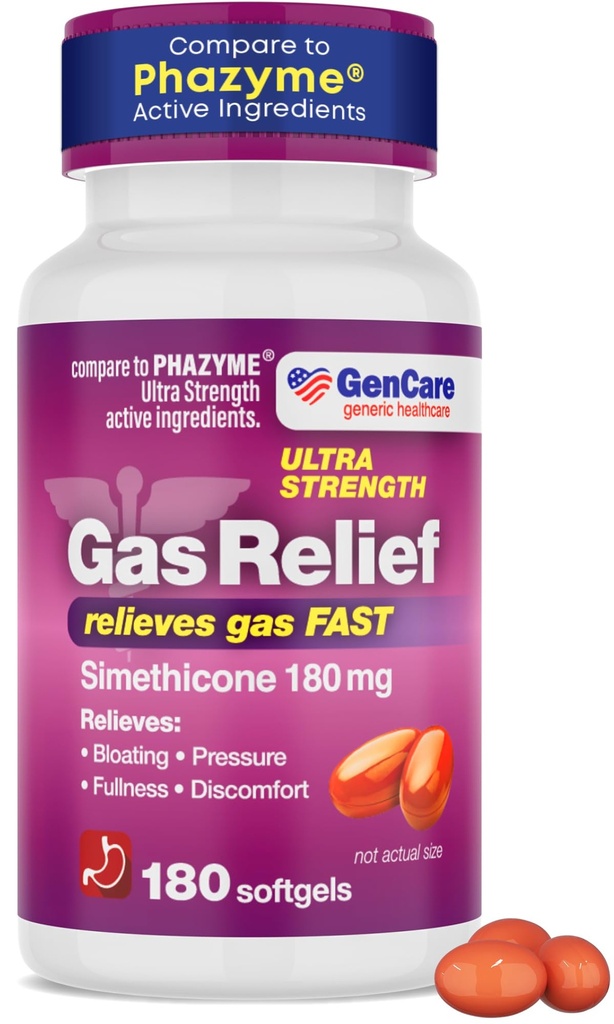 GenCare - Rilievo di gas Simethicone ad ultra resistenza 180 mg (180 Softgels) | Anti flatulenza, Bloating Aid, Stomach Discomfort e Gas Pressure Reliever Pills | Relieves Gas Fast | Phazym Generico