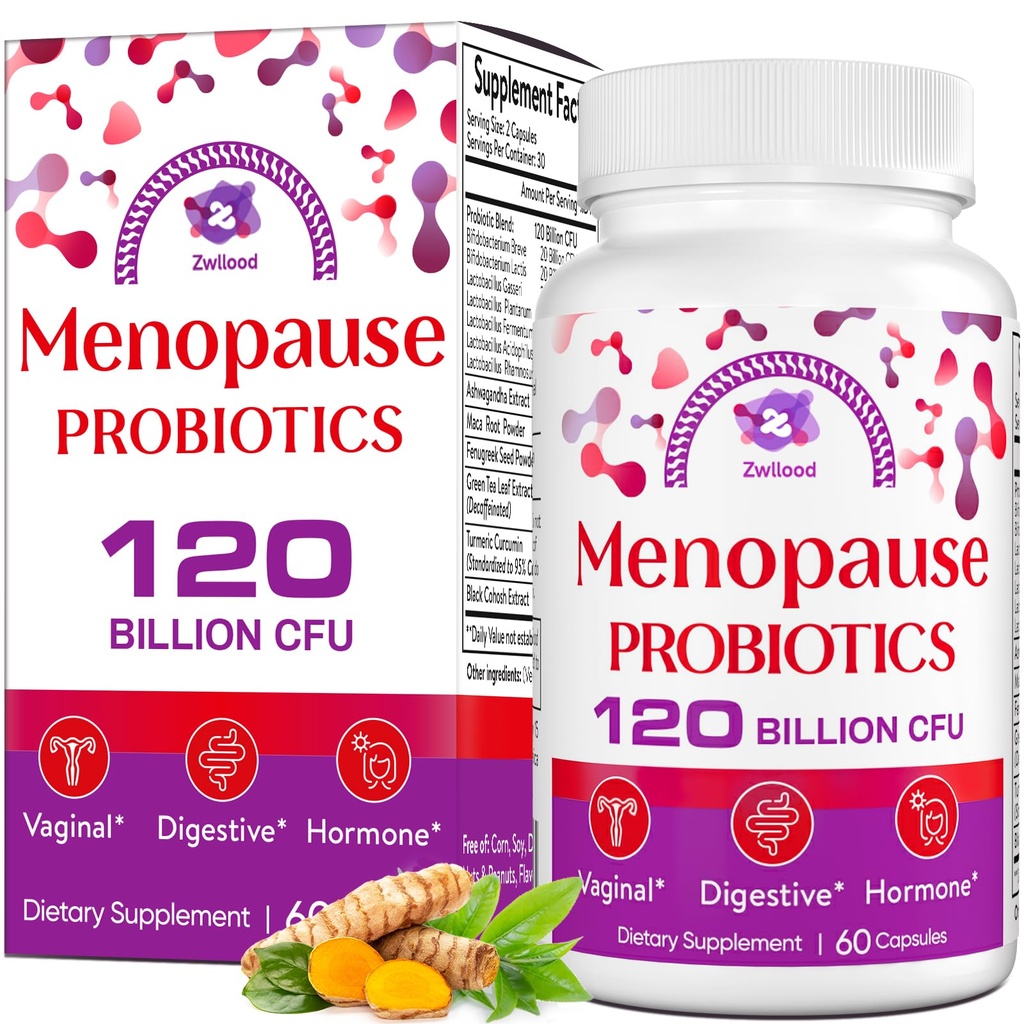 Menopausa Supplementi per le donne, 120 miliardi di CFU Menopause Probiotici per le donne, Probiotici All-Natural per i flash caldi Menopause, Maglioni Notturni, Mood Swings, Gut e ormone - 60 capsule di erbe