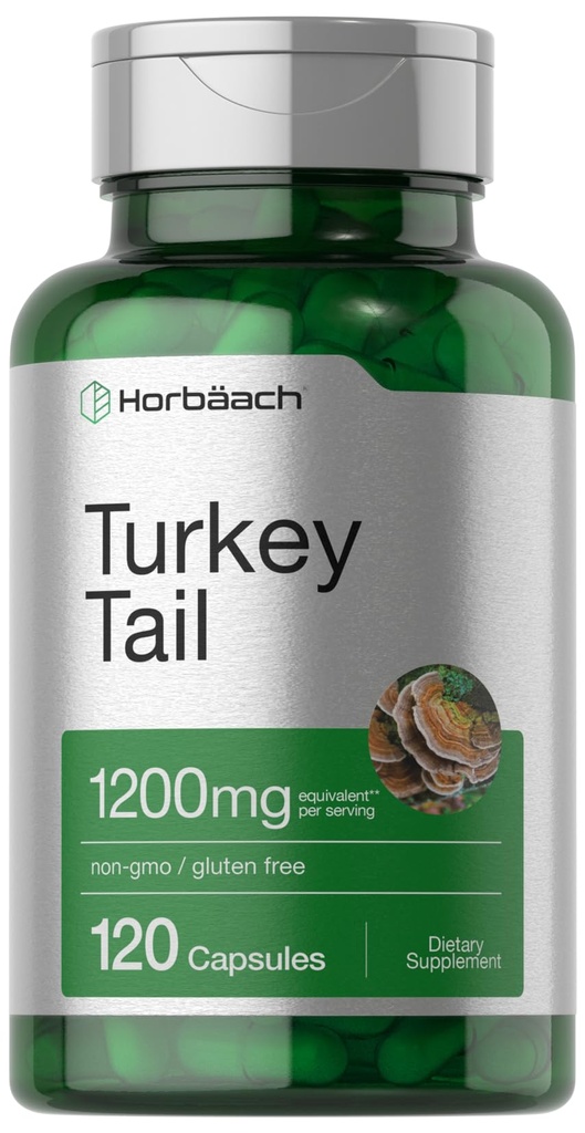 Horbäach Turkey Tail Mushroom Capsule | 1200mg | 120 Count | Non OGM e Gluten Free Extract
