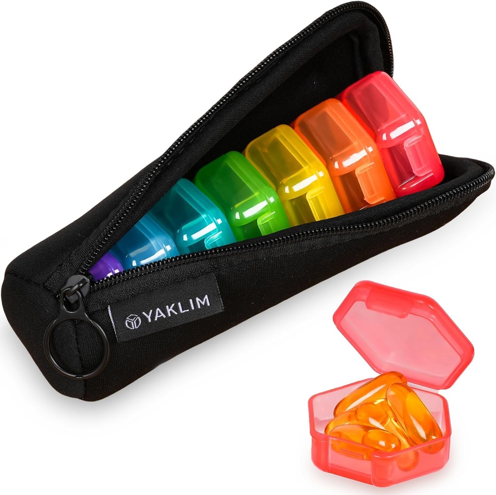 Piccola scatola di pillole, 7 pacchetti Travel Pill Case con borsa, mini organizzatore di pillole per borsa da tasca, Daily Portable Medicine Vitamin Box, Fish Oil Box, Scatola di supplemento