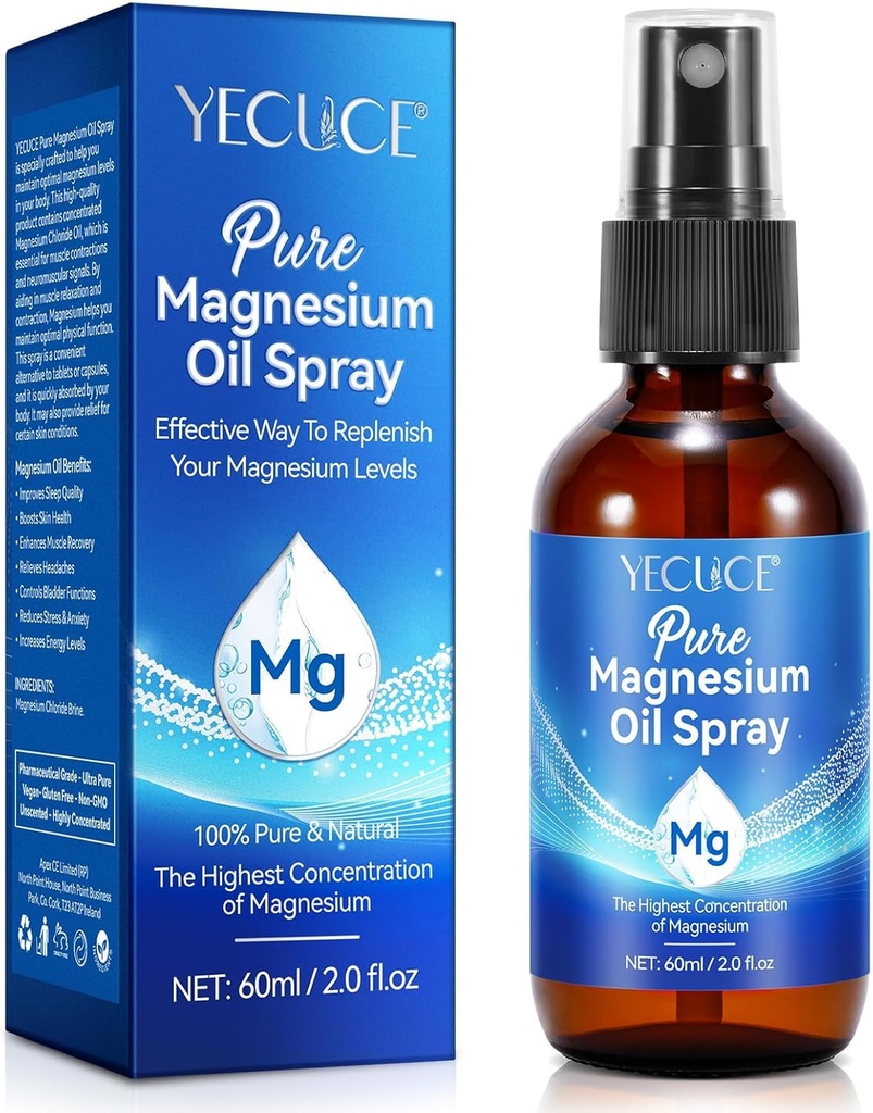 Olio di Magnesio Spray, Olio di Magnesio per Piedi, Pure Magnesium Spray 2 Fl.Oz, 100% Pure & Natural Magnesium Body Spray, Topical Magnesium Spray, Deodorante Naturale, Facile da assorbire e utilizzare