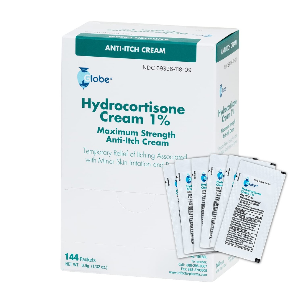 Globe (Box 144 Hydrocortisone 1% Crema di massima resistenza, (0.9g Single Packet) Crema anti-Itch per la Redità, Gonfiore, Itching, Rash, Bug/Mosquito Bites, Eczema, Hemorrhoids & More
