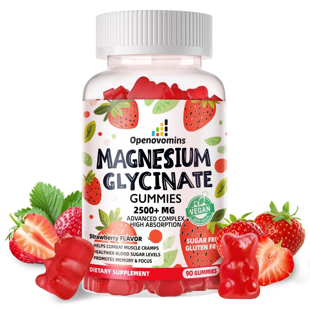 Magnesio Glycinate Gummies 2500mg - Zucchero Gratuito Magnesio Potassio Supplemento con Vitamina D, B6, CoQ10 per Calma Mood & Sleep Support - 90 Gummie di Fragola