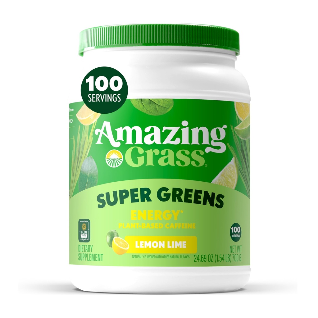 Sorprendente erba verde superfood energia: Super Greens polvere e pianta a base di caffeina con tè verde, barbabietola radice polvere & semi di lino, lime di limone, 100 Servings (Packaging May Vary)