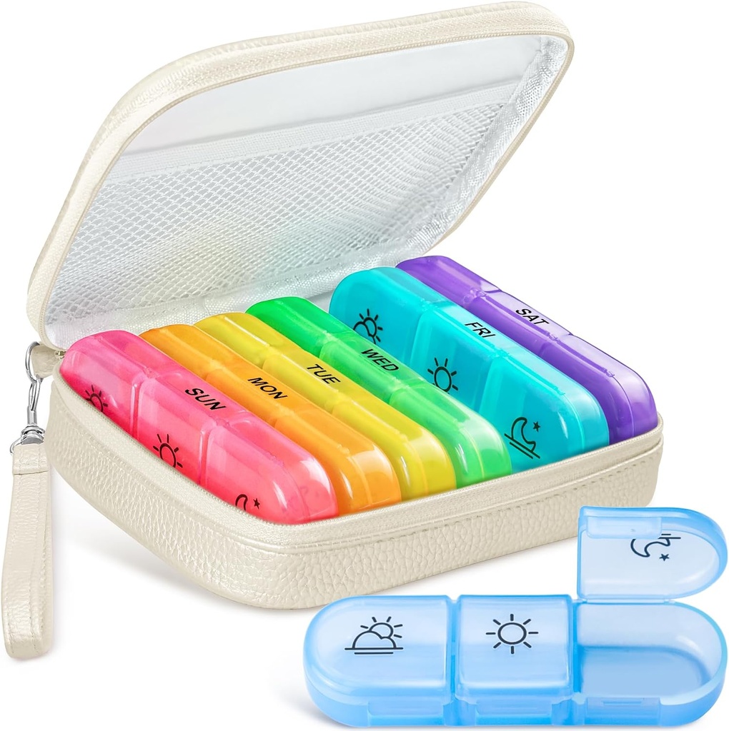 Cute Pill Organizer 3 volte al giorno, Large Daily Pill Case per le donne, Portable Pill Box 7 giorno per borsa con borsa e cerniera per tenere vitamine, farmaci, oli di pesce, integratori (beige)