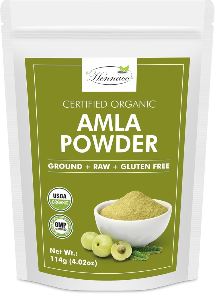 hennaco Organic Amla Powder| Polvere di Amla per cucinare, Smoothies e succhi | Sacchetto di chiusura a cerniera rivestibile | USDA Organic| Pure & Natural Indian Gooseberry Powder| 114 Grammi (4 OZ)