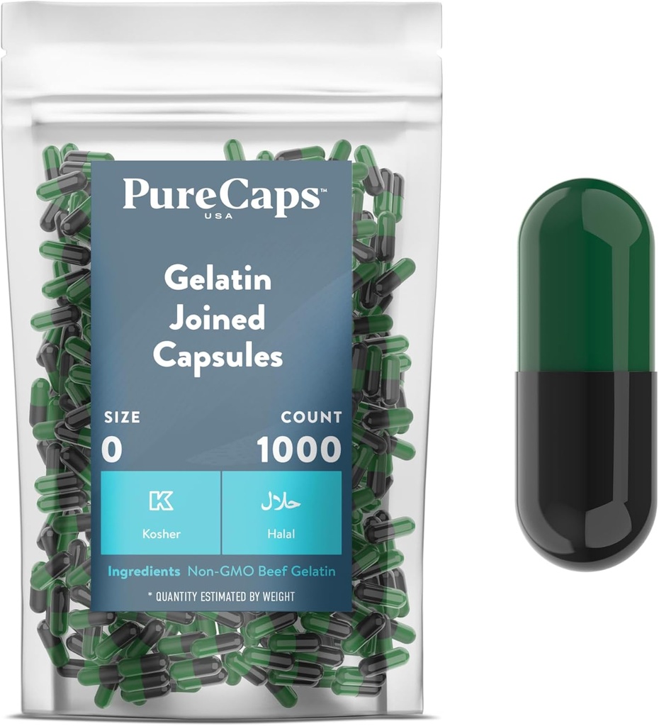 PureCaps USA - Empty Gelatin Capsules Size 0| 1.000 Pills Joined| Green/Black| Certificato non OGM | SLS, Gluten, Preservative Free