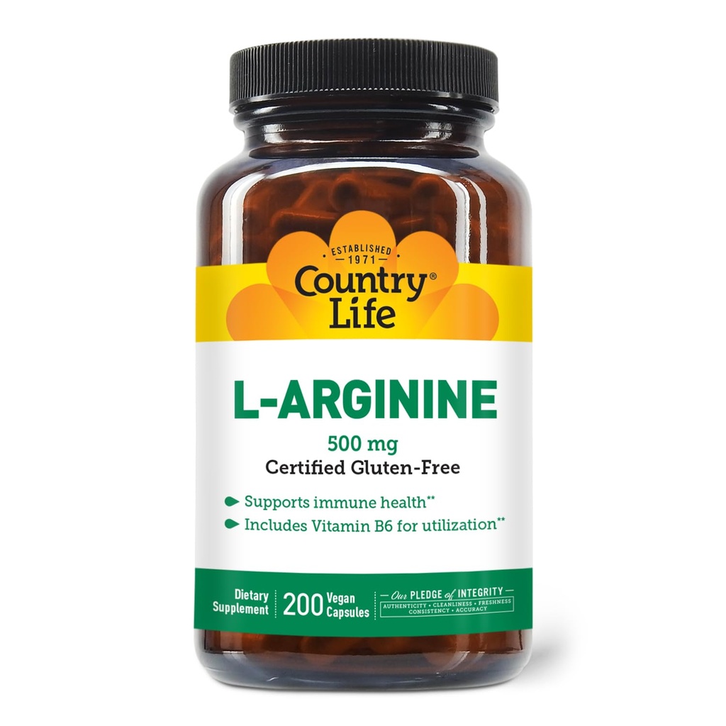 Cappucci L-Arginina di vita di campagna con vitamina B-6, 500mg, 200 capsule vegane, senza glutine certificato, vegano certificato