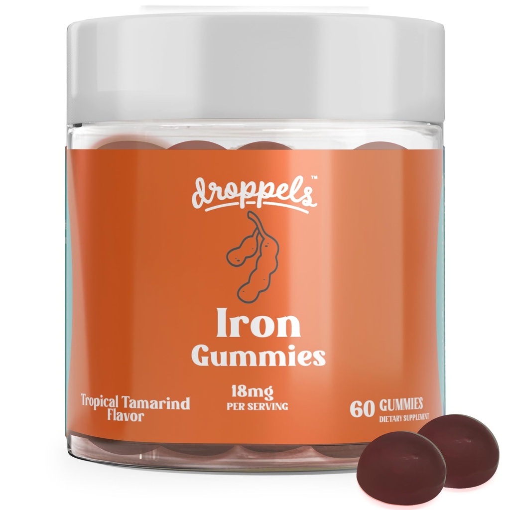 Droppels Iron Gummies 18mg per le donne e gli uomini – Vegan Plant-Based Iron Supplement | Supporta energia e salute del sangue | Pectin-Based, Non-OGM, Gluten & Gelatin Free | Tamarind Flavor, 60 Count