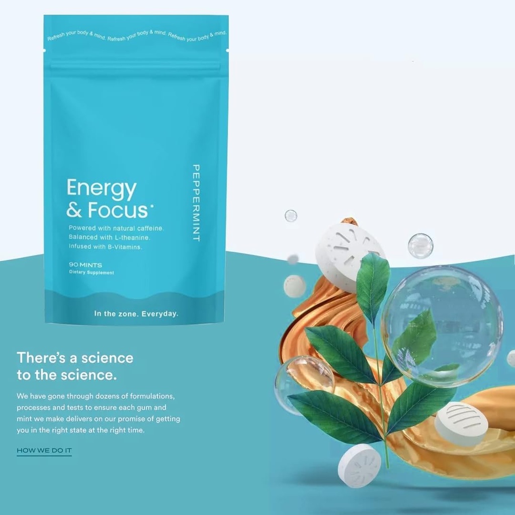 Energy Caffeine Mints (90), Sugar-Free, Vegan, senza glutine, menta piperita. Migliora la messa a fuoco, la resistenza con L-teanina, la caffeina, B12 & B6. Veloce agisce, Pocket-Sized per l'energia rapida.