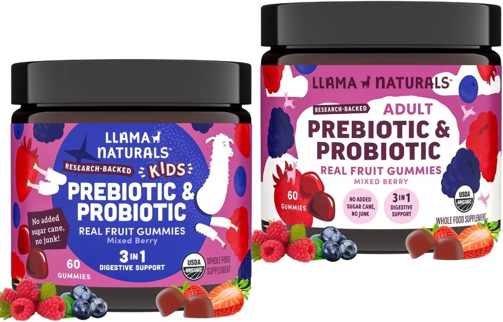 Llama Naturals Kids Pre & Probiotic Gummies + Adulto Pre & Probiotics Bundle | No Aggiunto Zucchero Canna | Vegan | Organico | Mista Berry Flavor | 2 Bottiglie