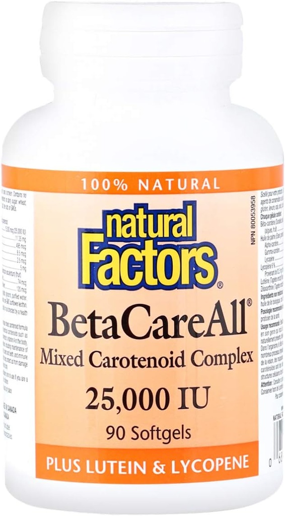 Fattori naturali, BetaCareAll 25.000 UI, Vitamina A per la pelle sana, la visione e la funzione immunitaria, 90 Softgels