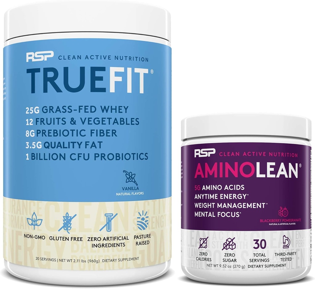 RSP NUTRITION AminoLean Pre Workout Energy (BlackBerry Pomegranate 30 Serve) con TrueFit Protein Powder (Vanilla 2 LB)
