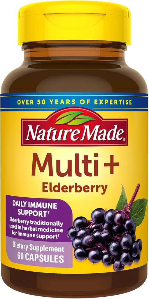 Natura Made Multi + Elderberry Capsule, Multivitamina per Donne e Uomini Supporto Immune Giornaliero, Donne, Una Per Giorno Vitamine Donna, 60 Conte, Marrone, Confezione da 1, (HL000220)