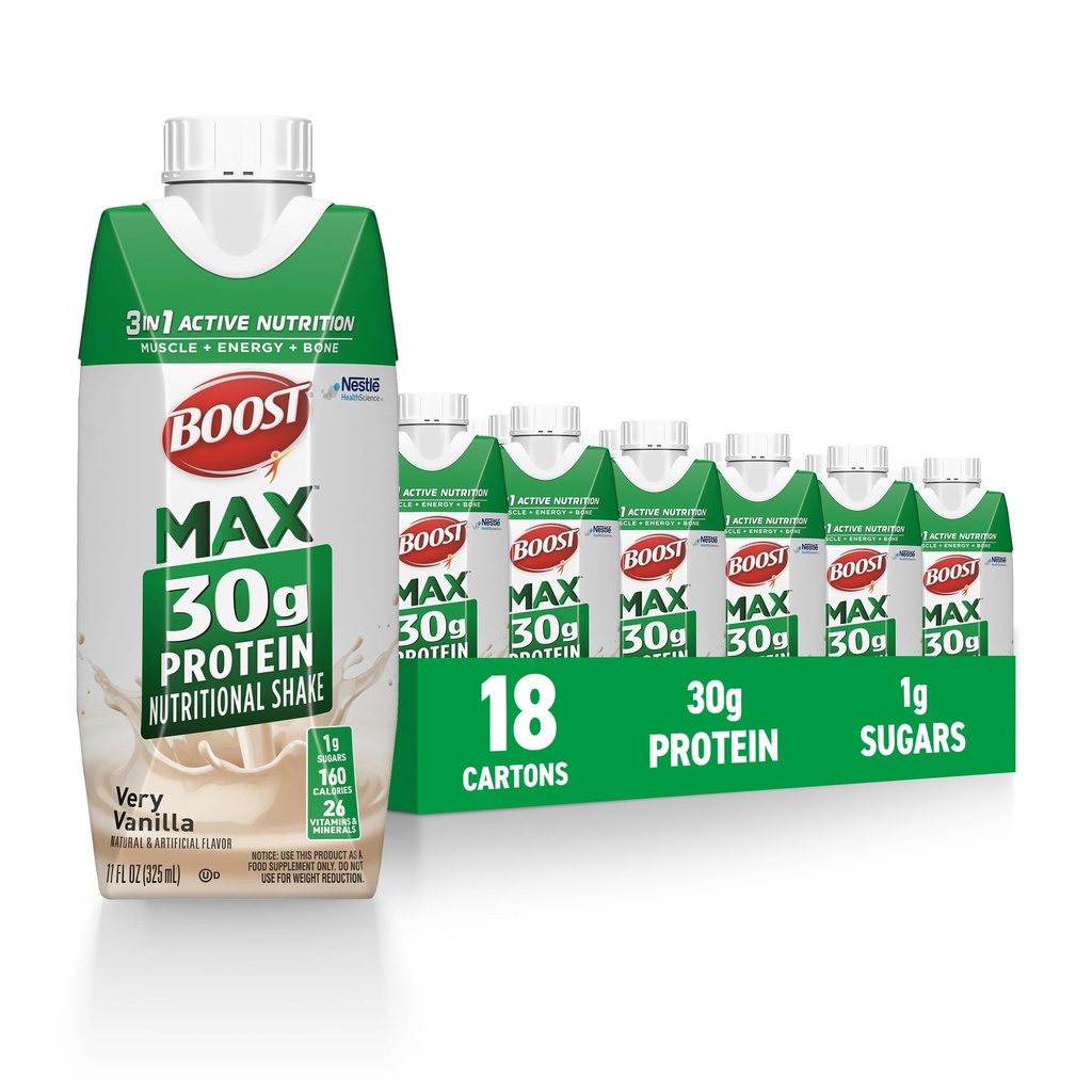 BOOST MAX Protein Shakes Ready to Drink - 30g High Protein Shake - Vanilla | Bevande nutrizionali per sostenere il recupero muscolare Dopo l'esercizio, 26 Vitamine & Minerali, 1g Sugar, 11 fl oz (Pack of 18)