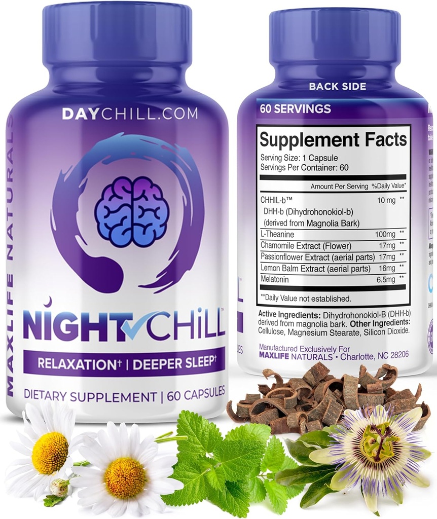 Notte Chill Sleep Supplement – 60 capsule - Restful Sleep Support con DHH-B da Magnolia Bark e L-Theanine Supplement - Stress Calm Mood Support - Pillole dormienti per adulti da MaxLife Naturals