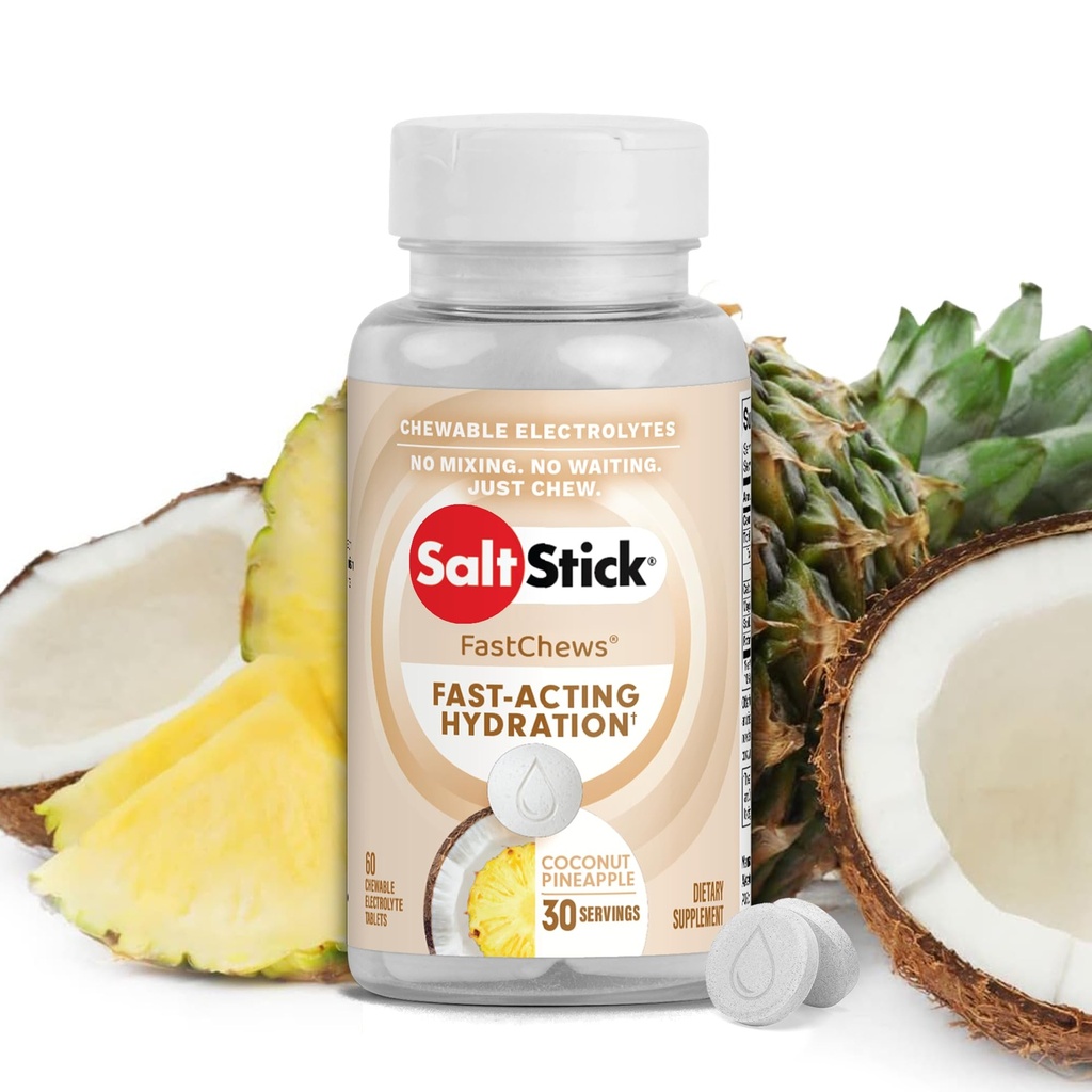 SaltStick Electrolyte FastChews - 60 Coconut Ananas Chewable Electrolytes - Compresse di sale per l'esecuzione e l'idratazione, Electrolyte Chews - 60 Conte