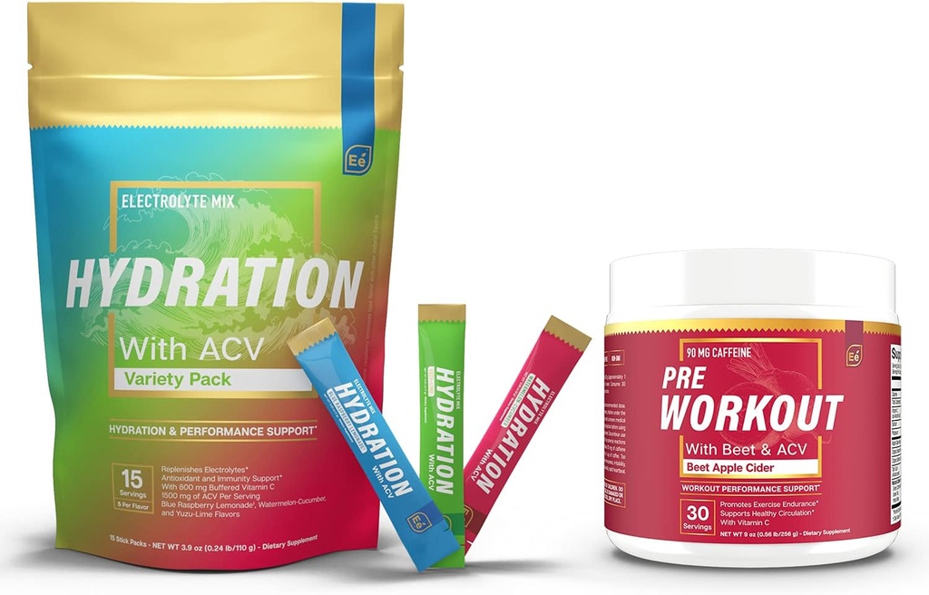 Varietà - 15 pacchetti Stick & PreWorkout in polvere con ACV | Heat, Exercise, Travel, Daily Hydration + Superfood Energy & All-Natural Nitric Oxide Booster Plus Caffeina