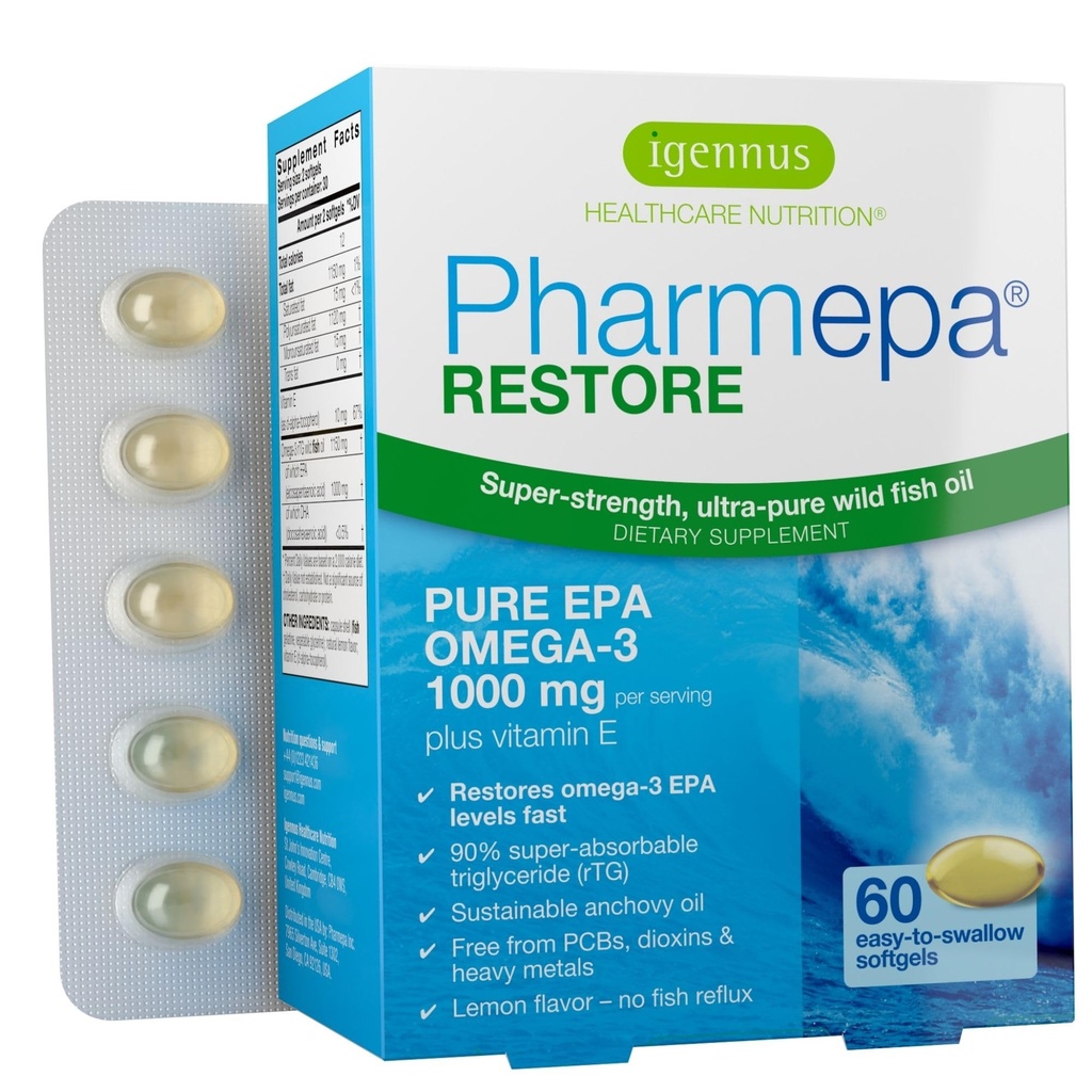 Igennus Pharmepa Restore, Pure EPA 1000mg, Omega 3 rTG Fish Oil, Certificato IFOS, Alto assorbimento, 90% Concentrazione Triple Strength, Wild & Sustainable, Limone Flavor, Alimentazione 1-Month, 60 Softgels