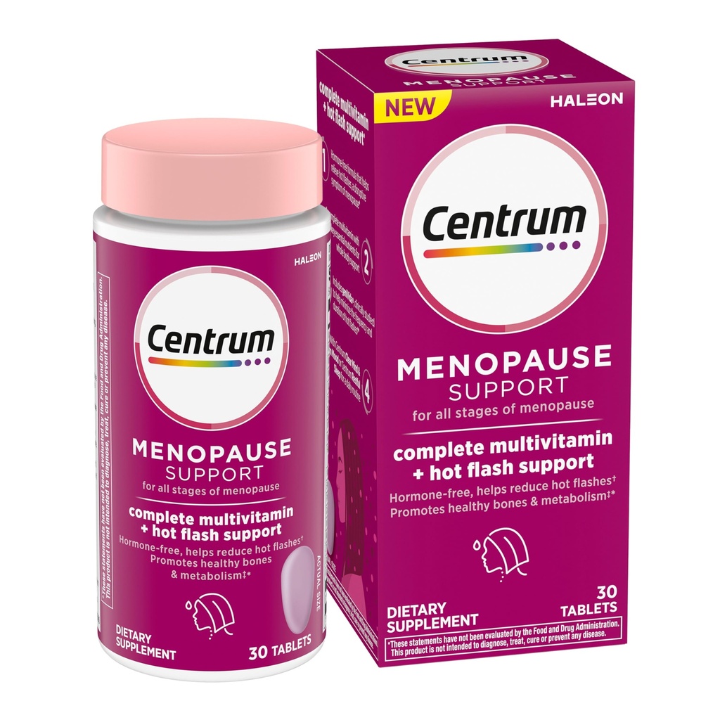 Centrum completa Multivitamin Supplement + Hot Flash Support Menopause Support Tablets, con Clinically Studied geniVida, 30 Count