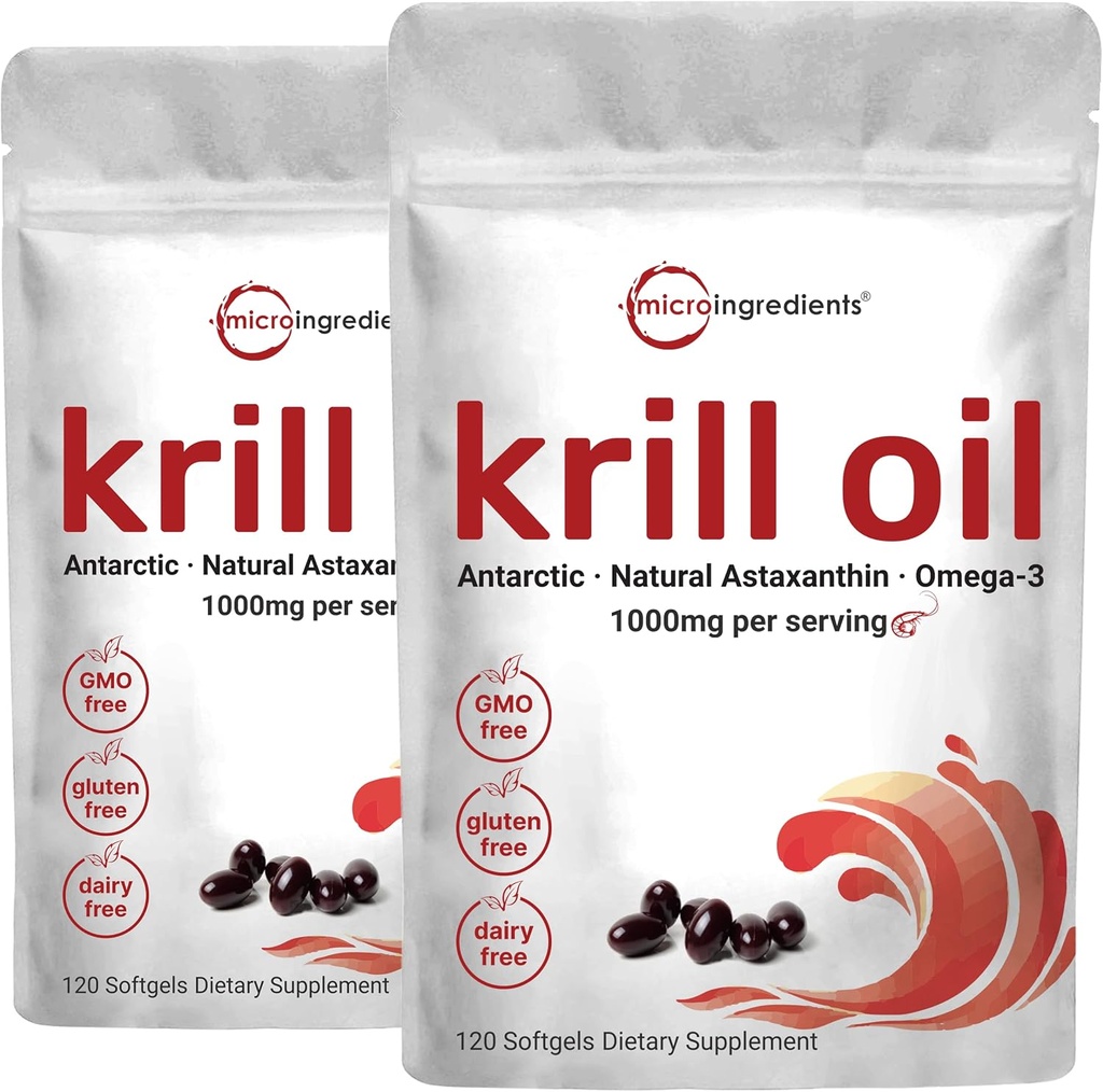 2 Confezione Olio Antartico Krill Supplemento, 1000mg Per Serving, 120 Soft-Gels Ognuno, Ricco di Omega-3s, EPA, DHA & Astaxanthin, Supporta la salute del cervello, Premium Krill olio capsule Liquid Softgels