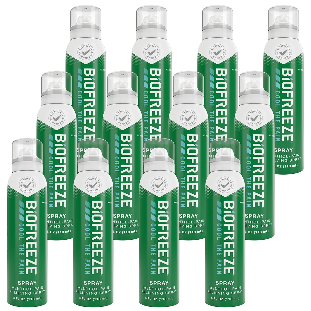 Biofreeze Menthol Pain Rilieving Spray 4 FL OZ Spray Aerosol incolore (Pack of 12) per Rilievo Di Dolore Associato ai Muscoli Di Sorriso, Artrite, Backaches Semplici e Dolore Congiunto (Packaging May Vary)