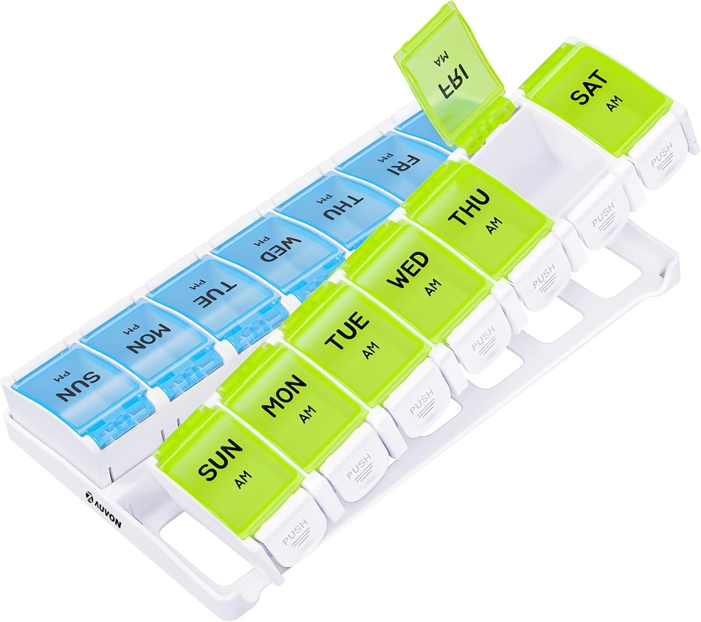 AUVON Weekly Pill Organizer 2 volte al giorno Artrite amichevole con Spring Open Design, BPA Free 7 giorni AM PM Pill Box Case con grandi scomparti separati per tenere 9 Fish Oils, Supplemento, Farmaci