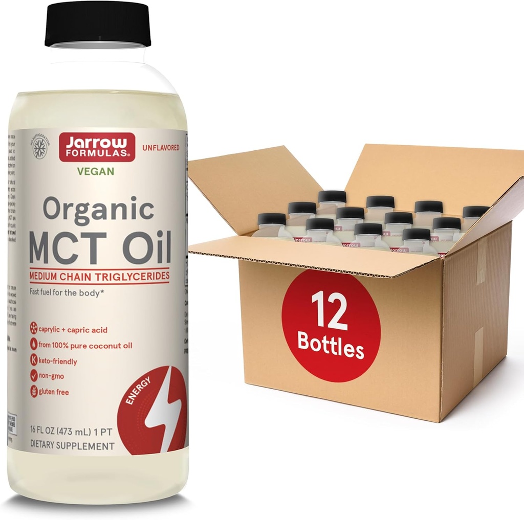 Jarrow Formulas Organic MCT Oil - 16 fl oz - Fast Fuel for Brain & Muscles - Caprylic (C8) + Acido Caprico (C10) - Ketogenic Diet Friendly Supplement - Unflavored (Pack of 12)