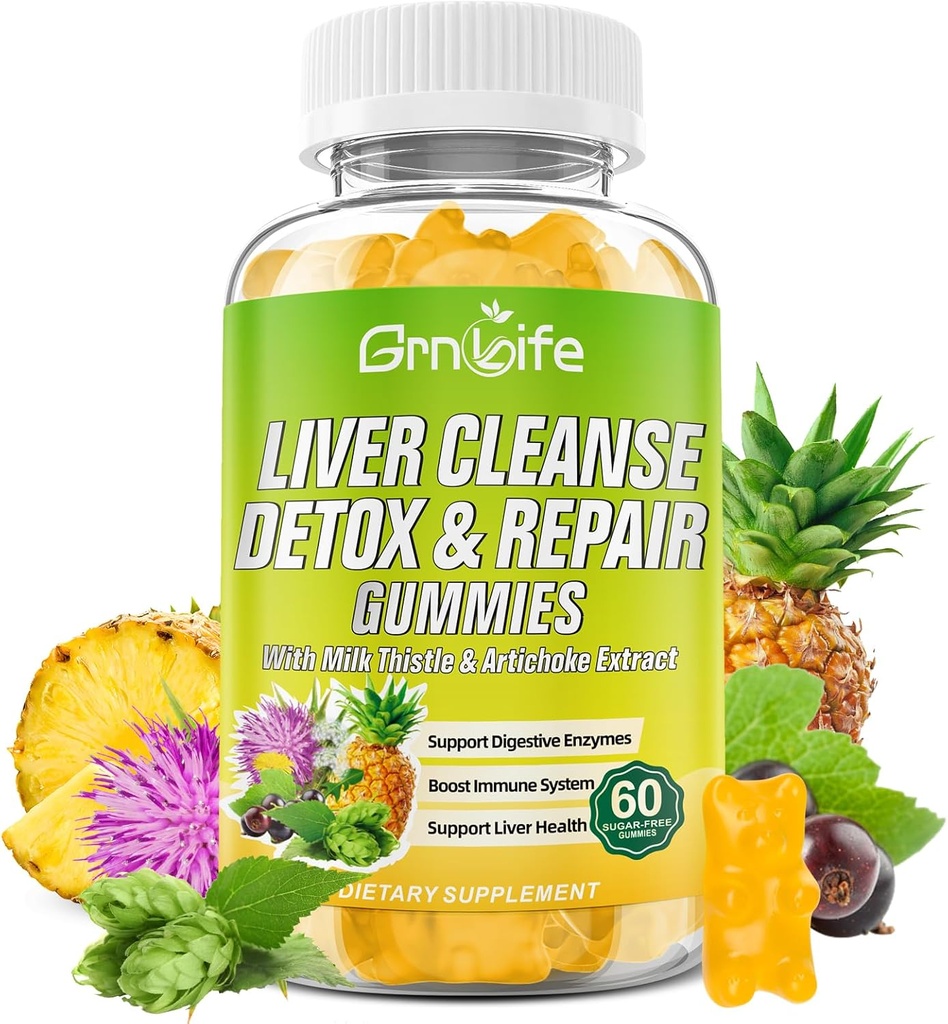 Detox & Repair Gummies with Milk Thistle 3000mg, 24-in-1 Liver Health Supplement with Dandelion, Artichoke, Sugar Free Liver Detox Gummies, Ananas Flavor - 60 Count
