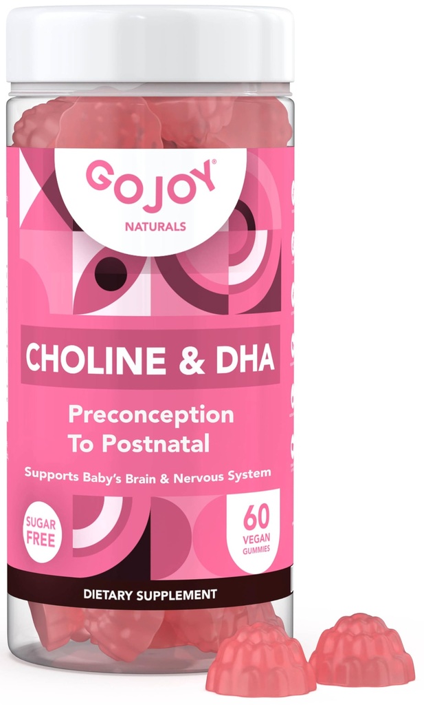Prenatal Choline & DHA Gummies - Preconcezione a Postnatal Gummy Vitamin Supplemento per le donne incinte - Addolcito con Monk Fruit - 3rd Party Tested - Non OGM, Gluten Free, Vegan