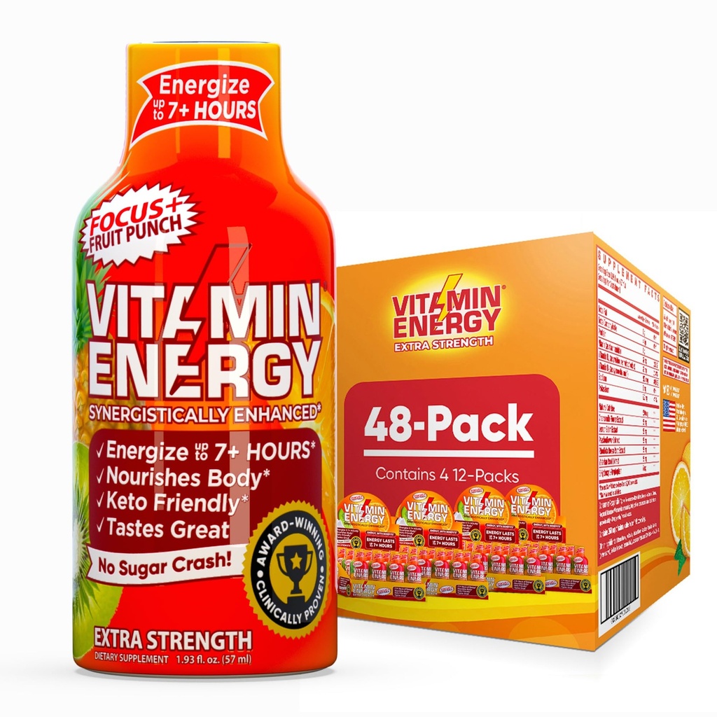Vitamin Energy Focus+ Extra Strength Energy Shot Fruit Punch 48 Pack, 260mg Natural Caffeine, B-Vitamins, CoQ10, Aminoacidi, Focus, Produttività & Clarity, Zero Sugar, Gluten-Free, 1.93 fl oz