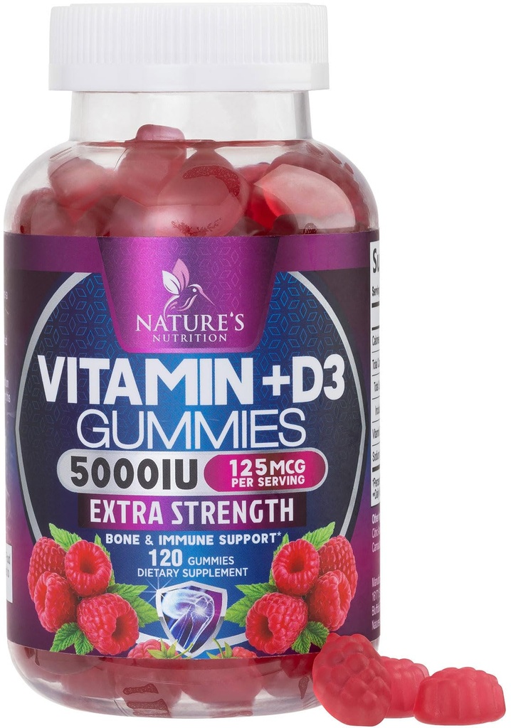 Vitamina D3 Supplemento Gummy 5000 IU (125 mcg) Vitamine dietetiche D per gli uomini e le donne - Bone, denti, muscolo e assistenza sanitaria immunitaria, Alta potenza VIT D3 Natura Non OGM & Gluten Free - 120 Gummies
