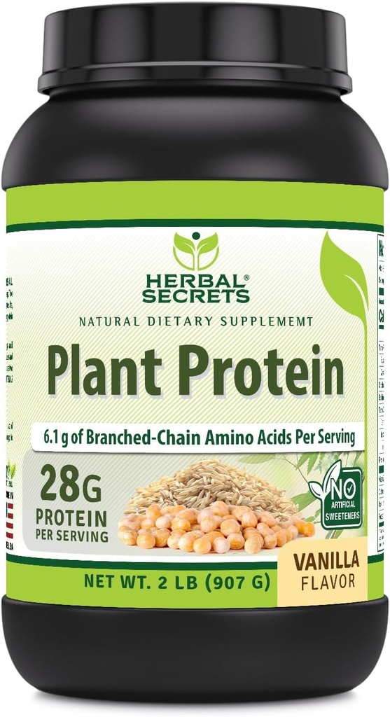 Herbal Secrets Plant Protein 2 Lb Powder | 28 Grams Protein per Serving | 6.1 Grammi BCAA | Vegan Supplement | 23 Servings | Made in USA (2 Lb, Vanilla)
