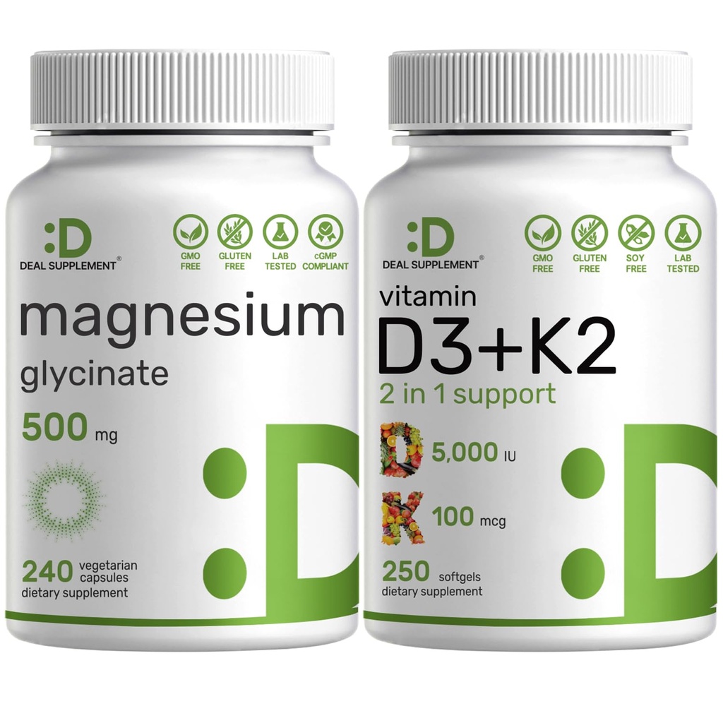 Magnesio Glycinate 500mg Veggie Capsule & Vitamina D3 5000iu + K2 100mcg Softgels Bundle – Minerale di Chelato Assorbito – Vitamine D & K Essential Sunshine