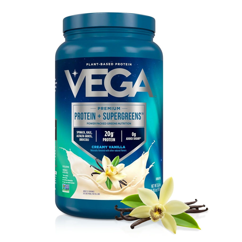 Vega Premium Protein + Supergreens - 20g Protein, Vaniglia cremosa, 25 Serve, Spinaci,Kale, Alfalfa Grass, Broccoli, 0g Aggiunto Zucchero, Non OGM, Senza glutine, Latticini, 1.68 lbs (Packaging May Vary)