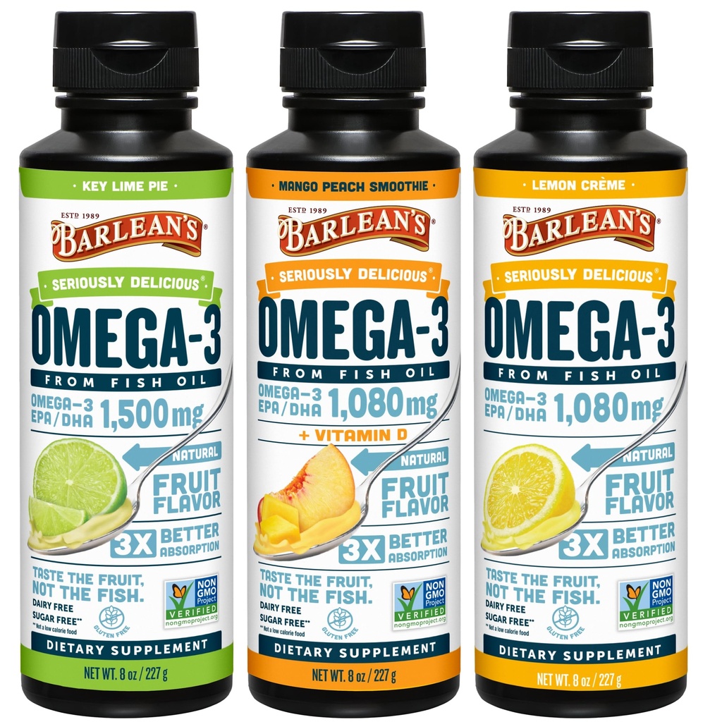 L'Omega 3 Fish Oil Liquid Supplemento 3-Flavor Variety Pack per gli uomini e le donne, EPA e DHA Grassty Acid, Include Key Lime Pie, Lemon Crème e Mango Peach Flavors, 8 oz
