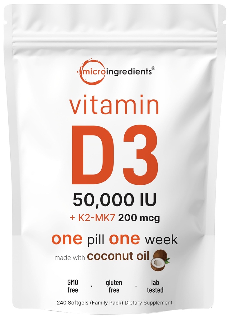 Micro ingredienti Vitamina D3 50,000 IU + K2 MK-7 200 mcg, 240 Softgels | Virgin Coconut Oil | 2-in-1 Bone, Immune & Heart Support | Facile da ingoiare, Non OGM