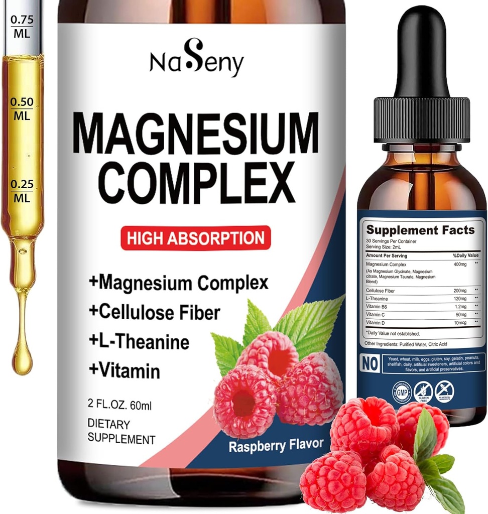 Integratore complesso di magnesio, 400 mg di glicinato di magnesio, miscela di vitamina Malate & Citrate per le donne e gli uomini, ad alto assorbimento - per il rilassamento, buon sonno & Nerve Salute (60ML/Raspberry)
