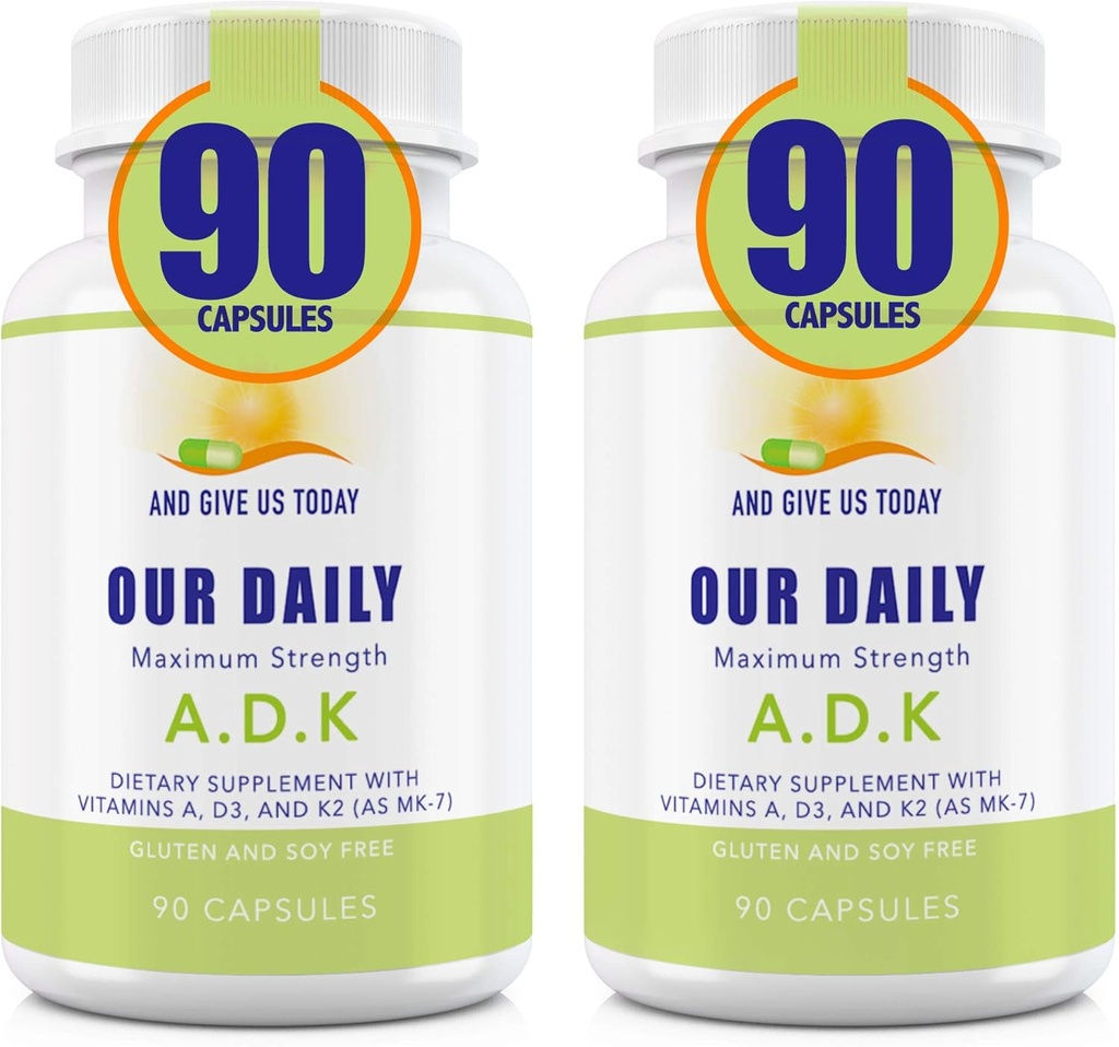 Il nostro supplemento giornaliero Vite ADK - Vitamina A, D3 & K2 (come MK7) - Bone, Supporto del sistema immunitario - Vitamine ad alta potenza con ingredienti non OGM - Gluten Free, Soy Free Capsule vegetali 180 CT