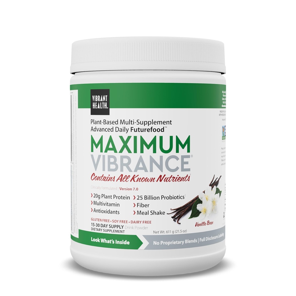 Vibrante Salute, Vibranza massima, Agitazione completa Vegan Meal con Proteine Basate sulle piante, Fagiolo Vanilla, 15 Serve