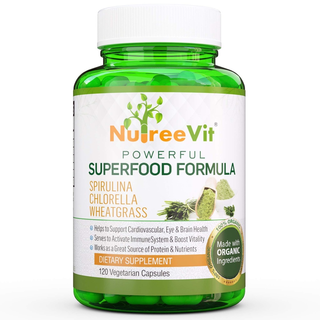 NutreeVit Pure 100% Organic Spirulina + Chlorella + Wheatgrass - Energy Booster, Supporto immunitario, Potente Antiossidante Superfood - Capsule vegetali | 500mg
