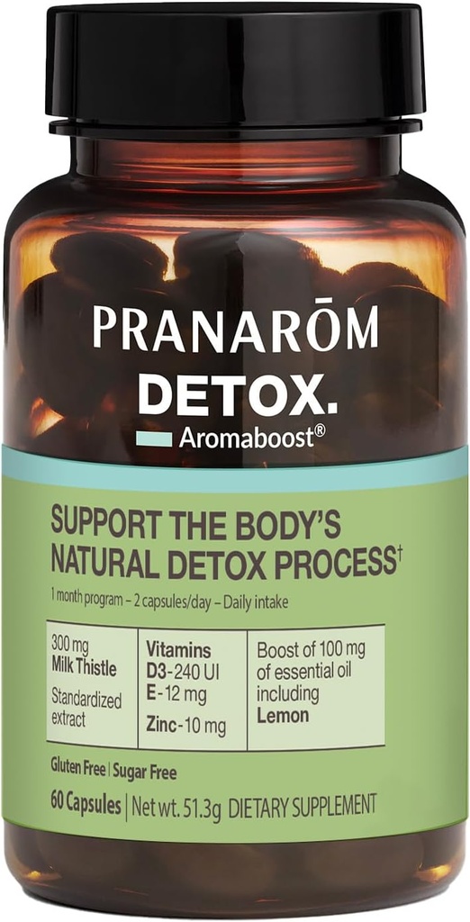 Pranarom - Aromaboost Detox Herbal Supplement - Elimina le tossine e i drappi Il Corpo - Latte Thistle and Zinc - Vitamine D3 ed E - Olio Essenziale Limonico - 60 Conte