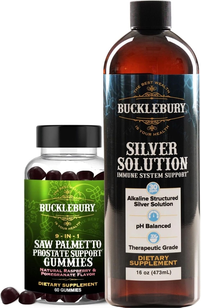 BUCKLEBURY Saw Palmetto Prostate Gummies e Liquido Strutturato Soluzione Argento 30ppm