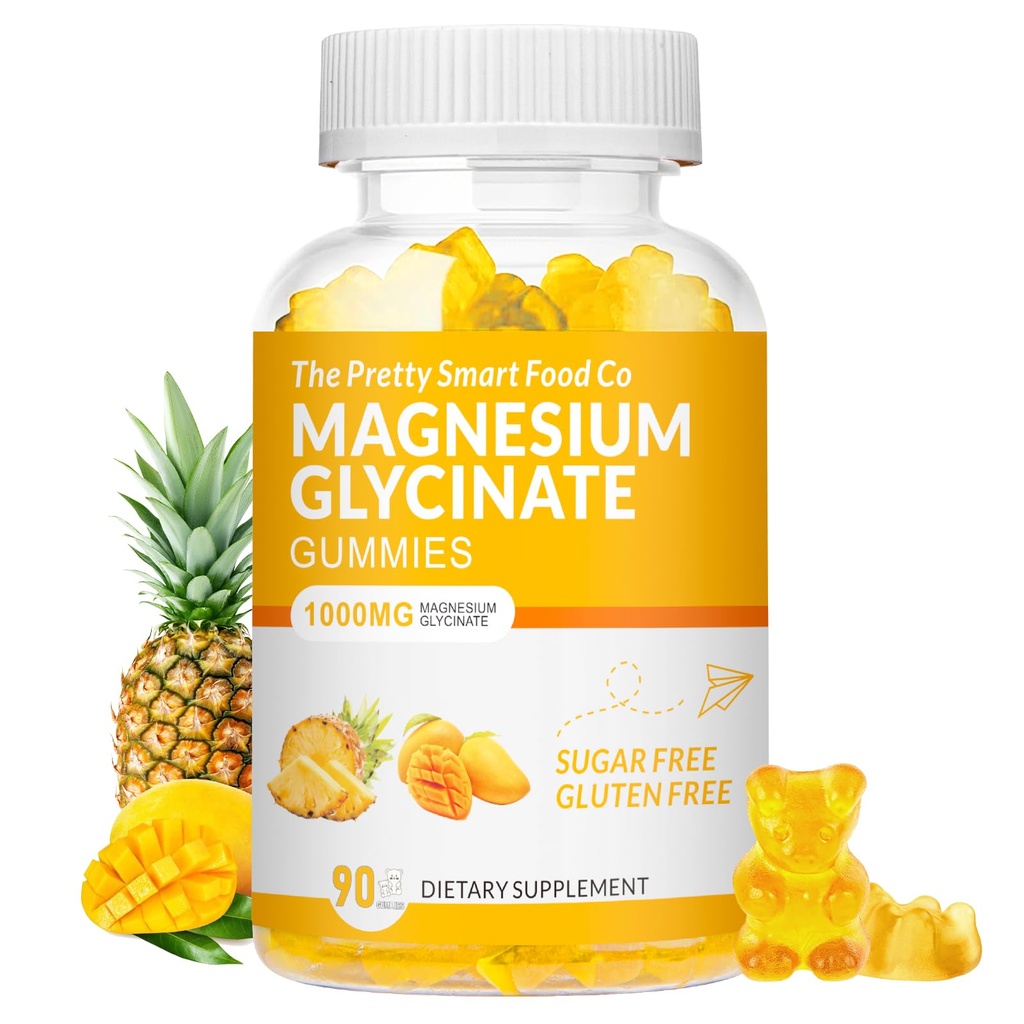 Magnesio Glycinate Gummies 1000mg - 90 Ct | Integratori di Potassio di Magnesio per il Rilassamento, Rilievo di Stress, con Vitamina D, B6, CoQ10 per il supporto calma e sonno - Mango Ananas Gummies