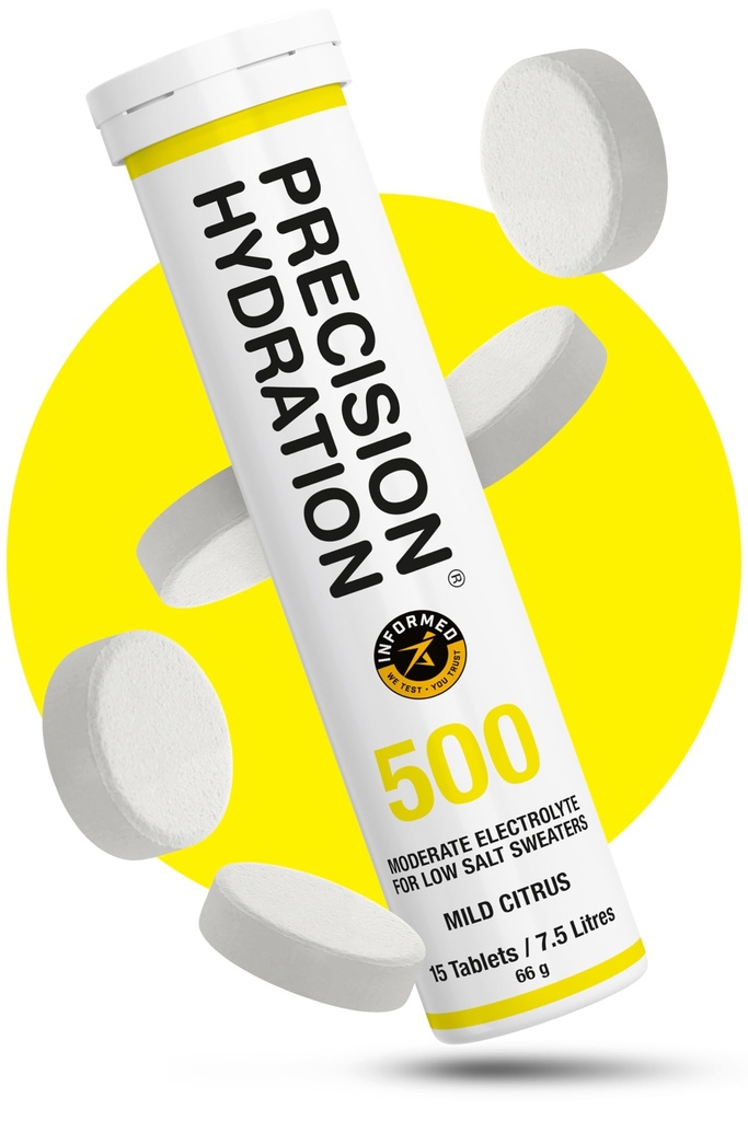 Compresse elettrolitiche di precisione - Compresse di idratazione multiforza - Calorie basse, senza glutine, Vegan/Vegetarian Friendly (1 Tubo, 500mg/L - Tubo giallo)